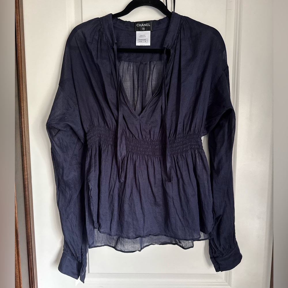 Chanel Navy Blue Cotton Waist 2 CC Logo Buttons Blouse Size 40 - Picture 9 of 10